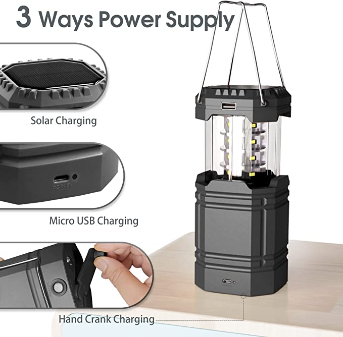 Lanterne solaire à manivelle de camping, lampe de poche LED ultra lumineuse portable, 30 à 35 heures d'autonomie, chargeur USB, banque d'alimentation 3000 mAh, lanterne électronique extérieure, lecture de randonnée, urgence