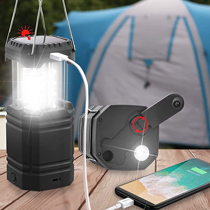 Lanterne solaire à manivelle de camping, lampe de poche LED ultra lumineuse portable, 30 à 35 heures d'autonomie, chargeur USB, banque d'alimentation 3000 mAh, lanterne électronique extérieure, lecture de randonnée, urgence