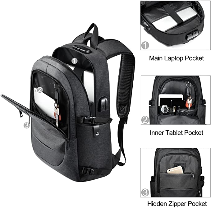 Sac à dos pour ordinateur portable homme résistant à l'eau antivol école Uni sac à dos avec port de charge USB et serrure 14/15,6 pouces sac pour ordinateur portable pour femmes garçons loisirs travail voyage sac à dos noir