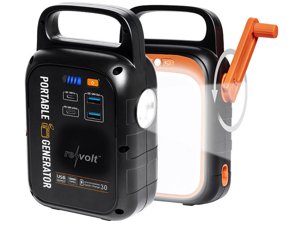 Slingerpowerbank en zaklamp - noodstroomvoorziening - dynamokrachtcentrale - 18 W - 22,5 Ah - snelladen - stroomafgifte - noodstroombank - noodverlichting/noodlamp - noodstroomvoorziening/stroomvoorziening