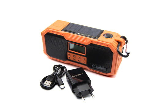 Radio d'urgence Orange ACE avec DAB/DAB+, radio à manivelle, alimentation solaire, batterie externe et lampe de poche avec connexion USB-C