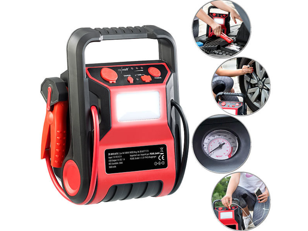 5 in 1 product: powerbank - jumpstarter - compressor - 12 V aansluiting - licht/lamp/lichtbron