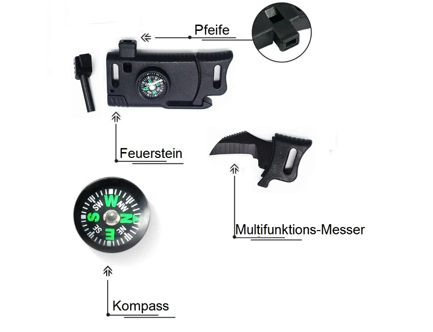 Multifunctionele noodarmband met mes, fluitje, kompas en vuursteen - overlevingsarmband - noodarmband - noodoriëntatie/noodbrand - buitenarmband - zwart