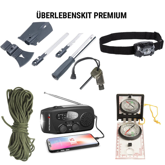 Premium overlevingspakket - bijl, zaag, schop, slingerradio, koplamp, kompas, vuurstaal, paracord