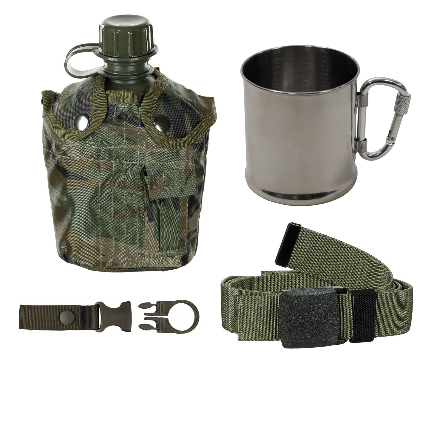 Set de randonnée cantine 1L, gobelet inox avec mousqueton, ceinture tactique et porte-bouteille